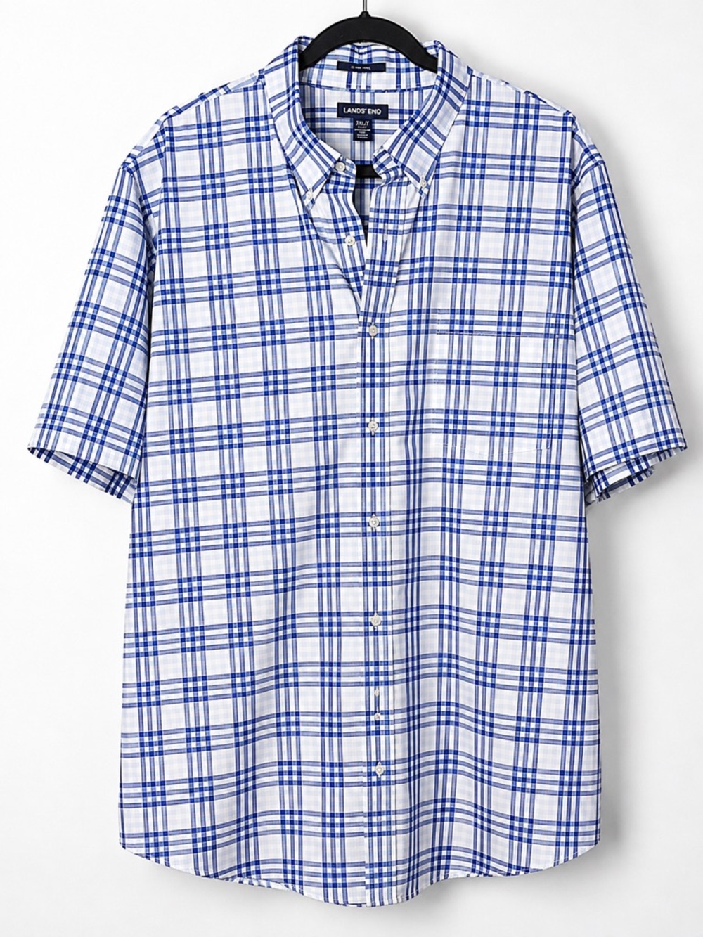 Lands End Mens 2XLT Blue Plaid No Iron Twill Short Sleeve Button Shirt Tall - Picture 2 of 16
